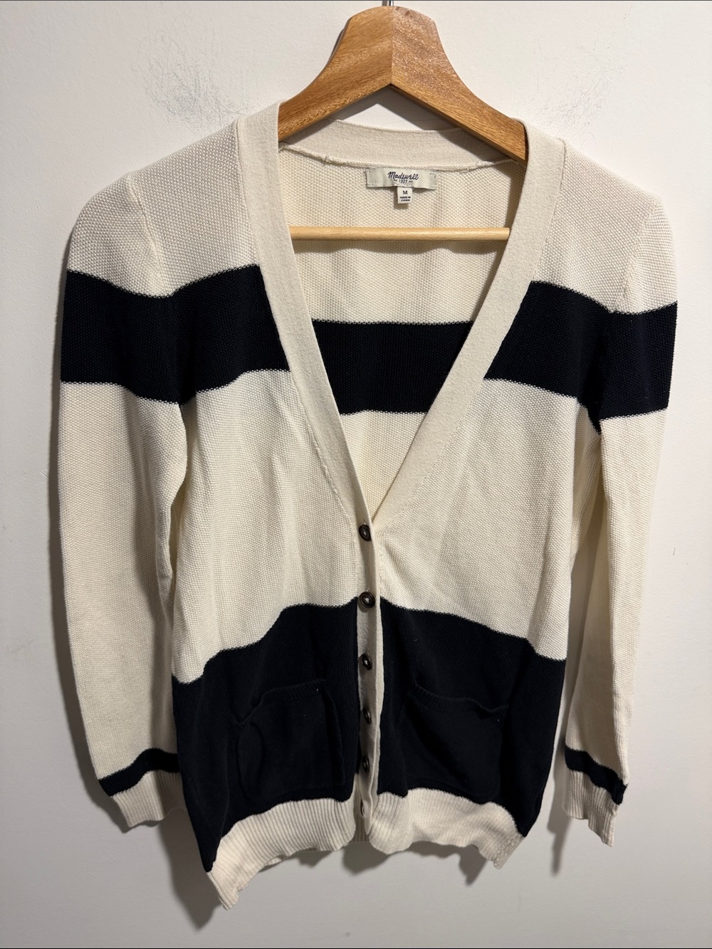 Madewell Cream and Black Striped Button Cardigan with Front Pockets Size Medium